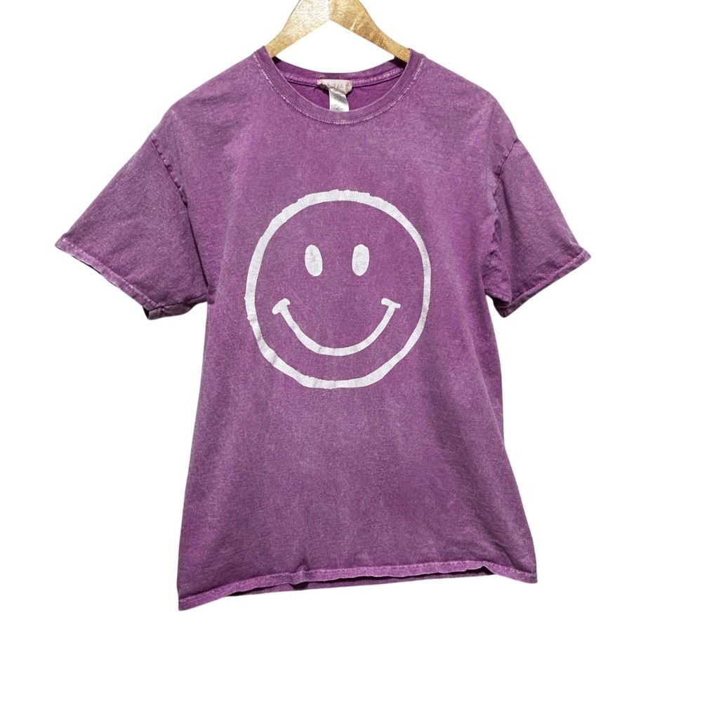 Alter'd State Women Graphic Tee S/M Purple Smiley Face Washed‎ Out Indie Y2K